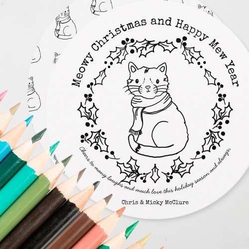 Color Your Own Cat Circle Christmas Holiday Card