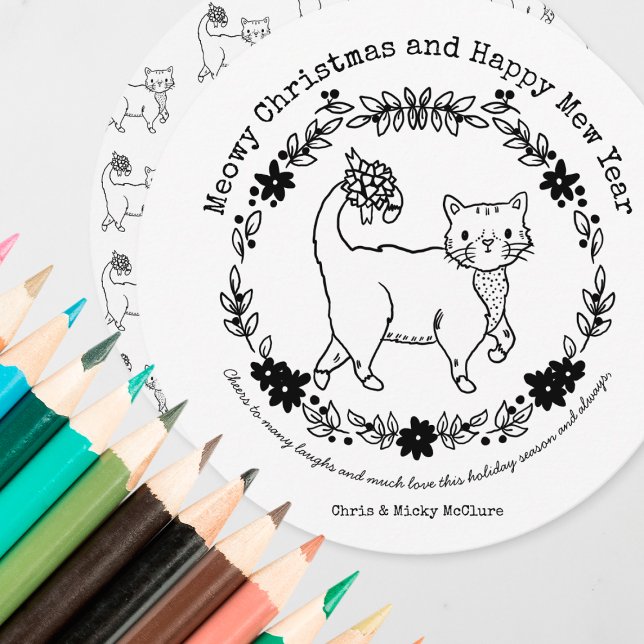 Color Your Own Cat Circle Christmas Holiday Card (Creator Uploaded)