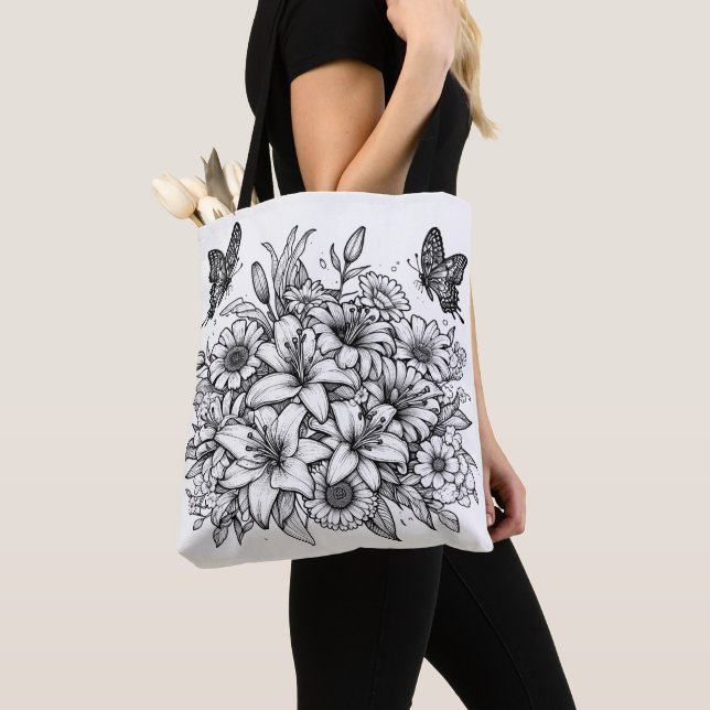 Color Your Own Flower Floral Butterfly Tote Bag (Close Up)