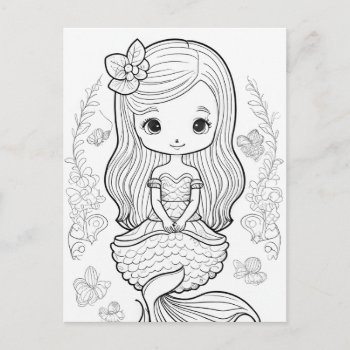Color Your Own Mermaid Black Line Drawing Postcard by angelandspot at Zazzle
