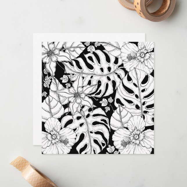 Color Your Own Tropical Leaves & Flowers Note Card (Front/Back In Situ)