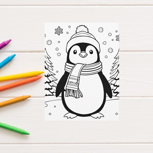 Color Your Own Winter Penguin Postcard