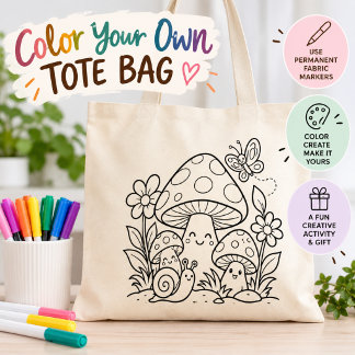 Color Your Own Woodland Mushroom Tote Bag