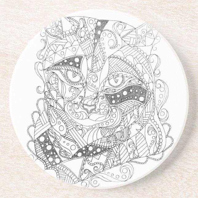 Colorable Cat Abstract Art Adult Coloring Drink Coaster (Front)