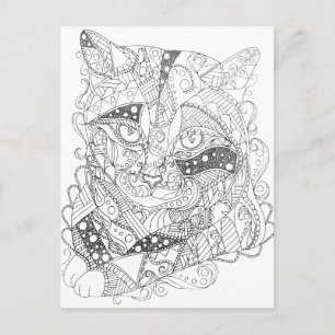 Colorable Cat Abstract Art Adult Coloring Postcard