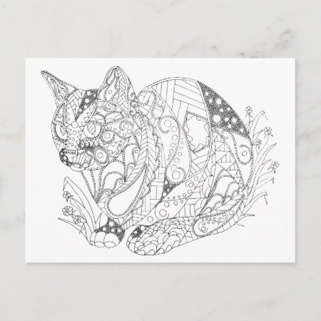 Colorable Cat Abstract Art Drawing For Coloring Postcard
