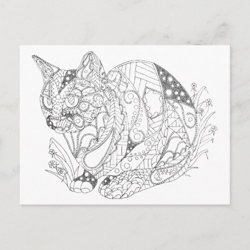 Colorable Cat Abstract Art Drawing for Coloring Postcard