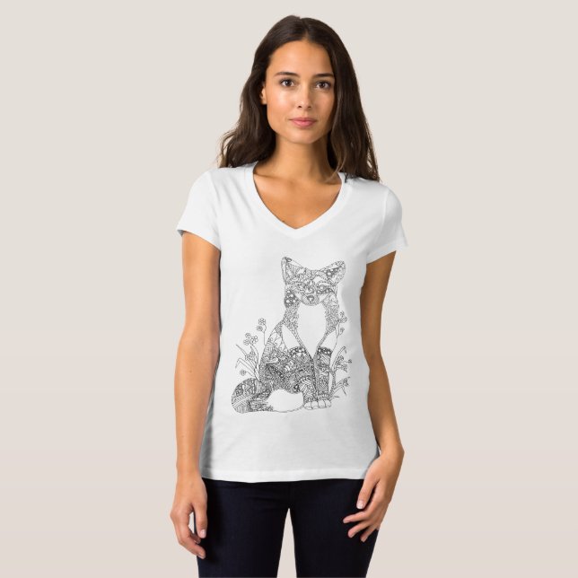 Colorable Fox Abstract Animal Art Adult Coloring T-Shirt (Front Full)