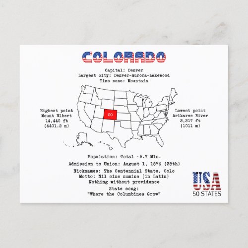 Colorado American state on a map and useful info Holiday Postcard