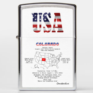 Colorado American state on a map and useful info Zippo Lighter