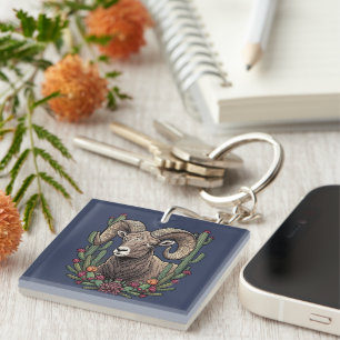 Colorado Bighorn Sheep And Claret Cup Cactus Keychain