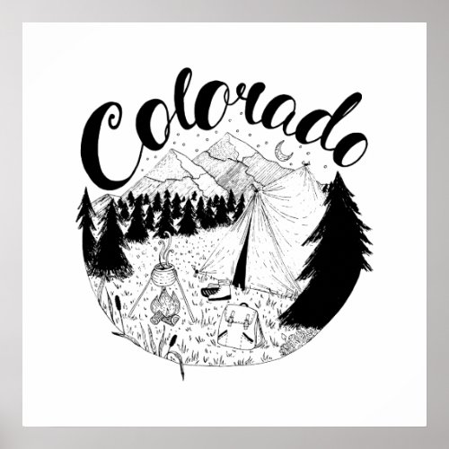 Colorado Camping Outdoors Ink Illustration Poster