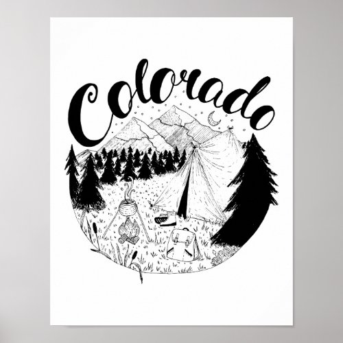 Colorado Camping Outdoors Ink Illustration Poster