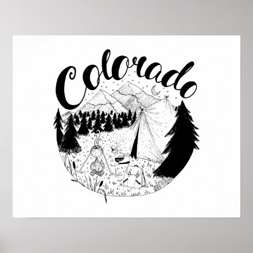 Colorado Camping Outdoors Ink Illustration Poster