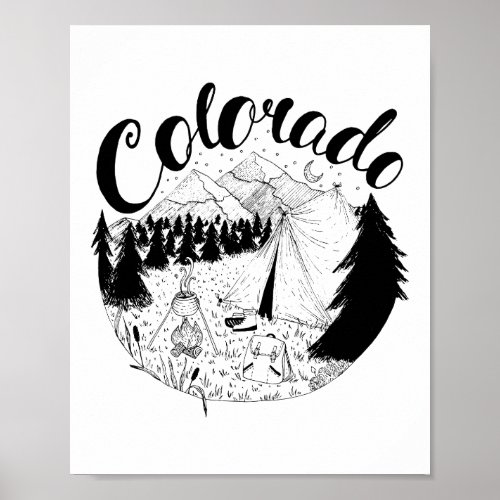 Colorado Camping Outdoors Ink Illustration Poster