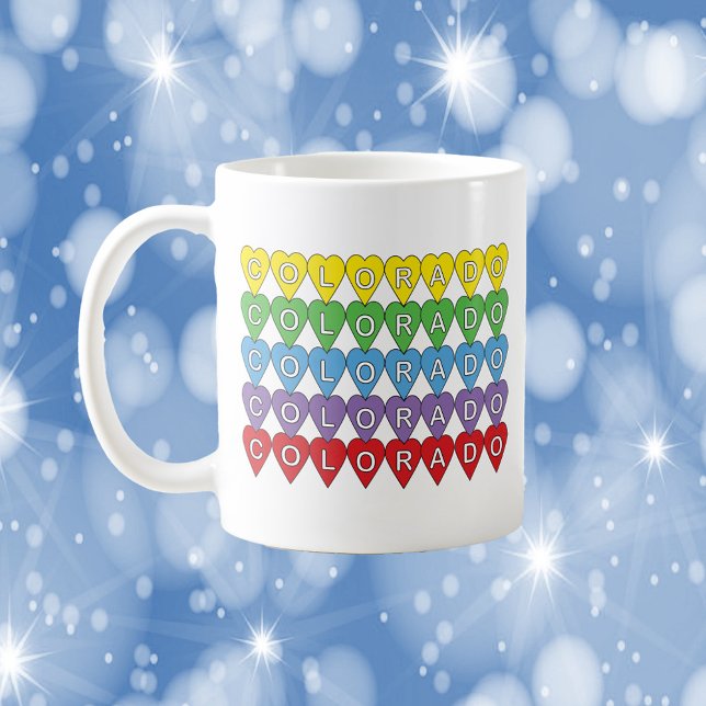 Colorado Colorful Hearts Pattern Coffee Mug (A mug with the word Colorado in yellow, green, blue, purple and red hearts)