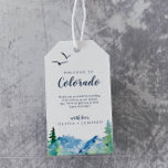 Colorado Destination Wedding Welcome Gift Tags<br><div class="desc">These Colorado destination wedding welcome gift tags are perfect for an outdoor wedding. The design features a blue and green painted wilderness landscape with watercolor pine trees, birds and mountains. Personalize the tags with the location of your wedding, a short welcome note, your names, and wedding date. These tags are...</div>
