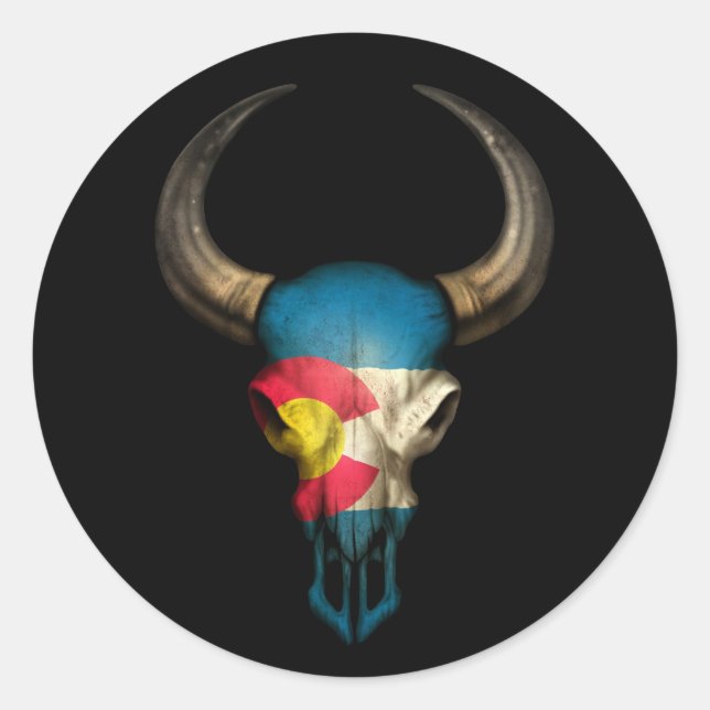 Colorado Flag Bull Skull on Black Classic Round Sticker (Front)