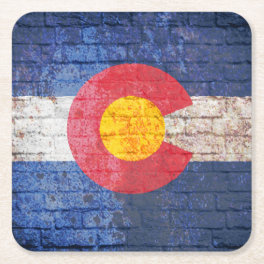Colorado flag grunge brick wall square coasters