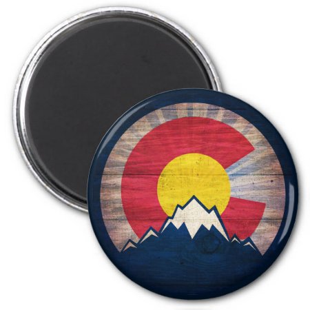Colorado Flag Rustic Wood Mountain Magnet