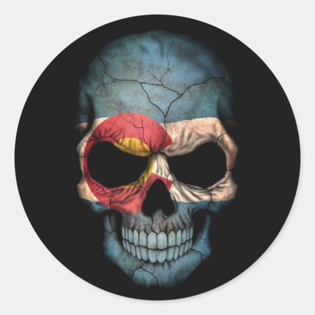 Colorado Flag Skull on Black Classic Round Sticker (Front)