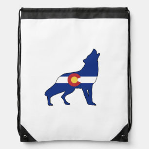Colorado Flag Wolf Drawstring Bag