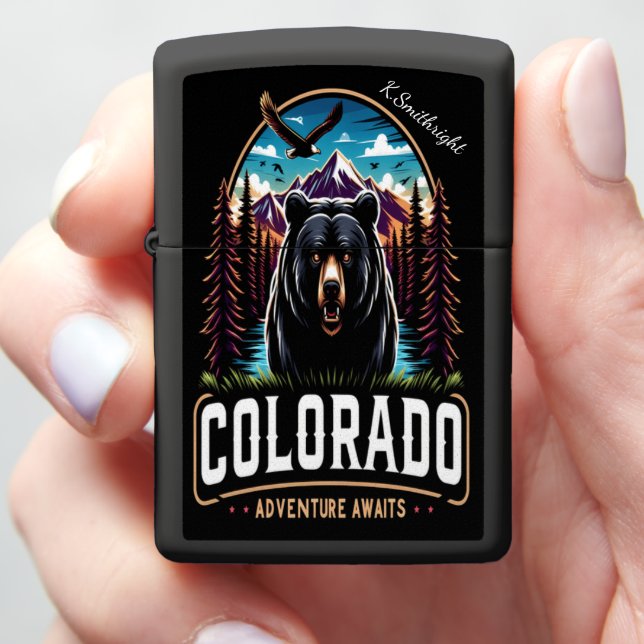 Colorado Grizzly Bear Adventure Logo Zippo Lighter (In Hand)