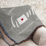 Colorado Home State Personalized Rustic Throw Blanket<br><div class="desc">Show some home state pride with this cute gray throw blanket featuring "home" in white calligraphy script lettering with a silhouette map of the state of Colorado standing in for the letter "O." A red heart illustration inside the state map completes the design; you can change the position of the...</div>