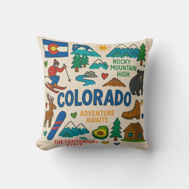 Colorado Icons Throw Pillow (Front)