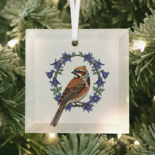 Colorado Lark Bunting Bird Surrounded By Columbine Glass Ornament