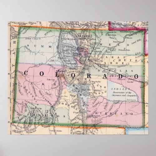COLORADO MAP 1870 POSTER