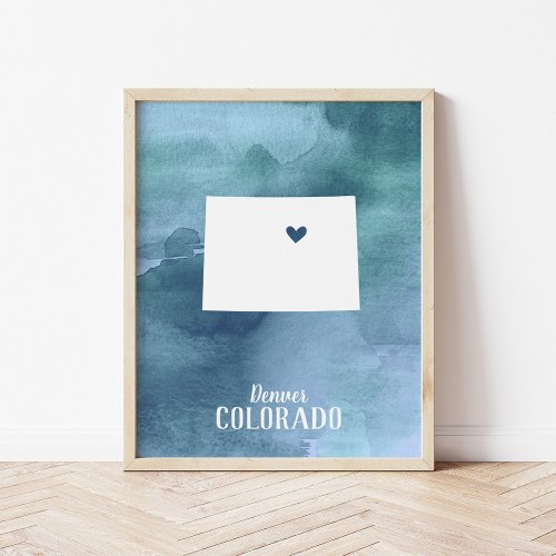 Colorado Map Blue Watercolor Personalized Art Poster