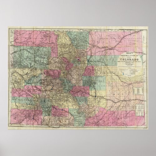 Colorado Map with Cities 1884 Poster