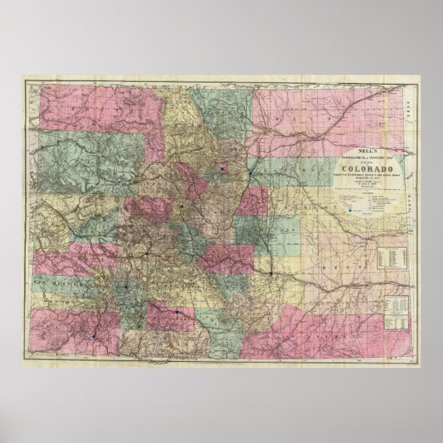 Colorado Map with Cities (1884) Poster (Front)