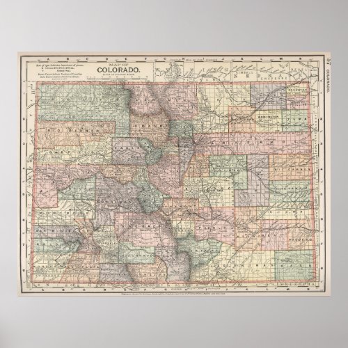 Colorado Map with Cities and Counties 1891 Poster