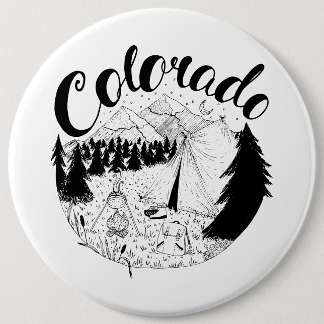 Colorado Mountain Camping Ink Drawing Button (Front)