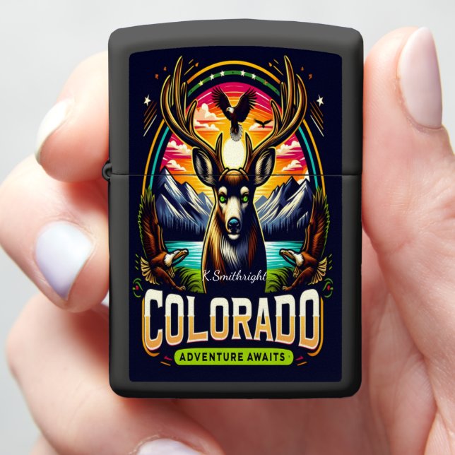Colorado Mule Deer Adventure Logo Zippo Lighter (In Hand)
