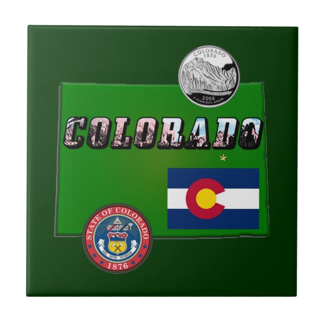 Colorado Picture Text, Flag, Seal, Quarter, Map Ceramic Tile (Front)