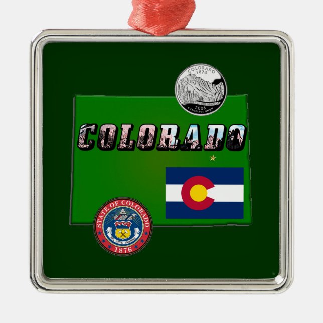 Colorado Picture Text, Flag, Seal, Quarter, Map Metal Ornament (Front)