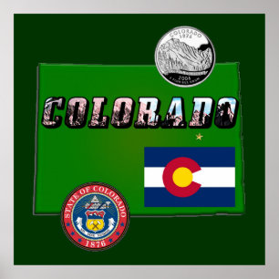 Colorado Picture Text, Flag, Seal, Quarter, Map Poster