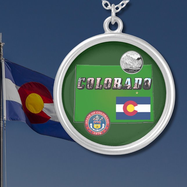 Colorado Picture Text, Flag, Seal, Quarter, Map RD Silver Plated Necklace (Colorado Picture Text, Flag, Seal, Quarter, Map RD Silver Plated Necklace)