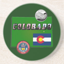 Colorado Picture Text, Flag, Seal, Quarter, Map Sandstone Coaster