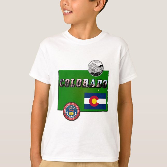 Colorado Picture Text, Flag, Seal, Quarter, Map T-Shirt (Front)