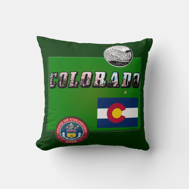 Colorado Picture Text, Flag, Seal, Quarter, Map Throw Pillow (Front)