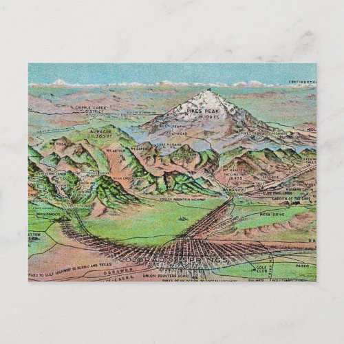 Colorado Pikes Peak Mtns Map Postcard