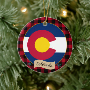 Colorado, Red buffalo plaid & Colorado Flag Ceramic Ornament