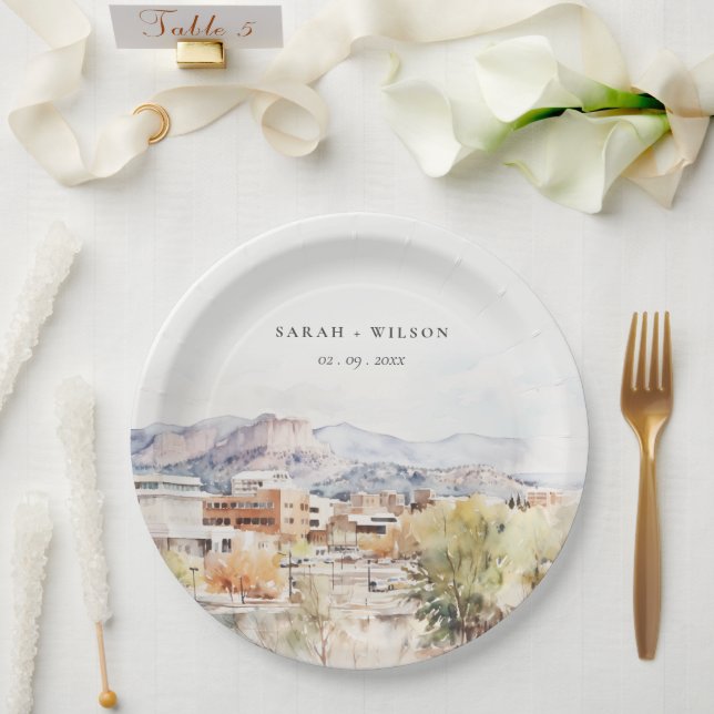 Colorado Springs, Colorado Watercolor Wedding Paper Plates (Wedding)