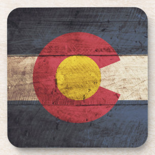 Colorado State Flag on Old Wood Grain Coaster