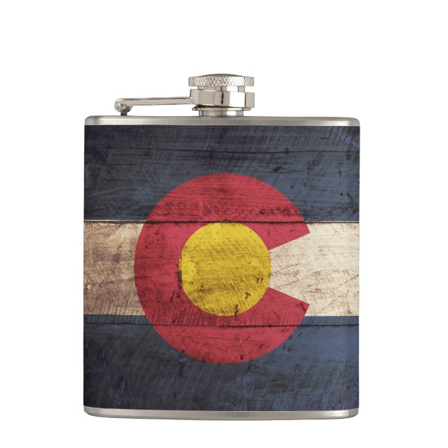 Colorado State Flag on Old Wood Grain Flask (Front)