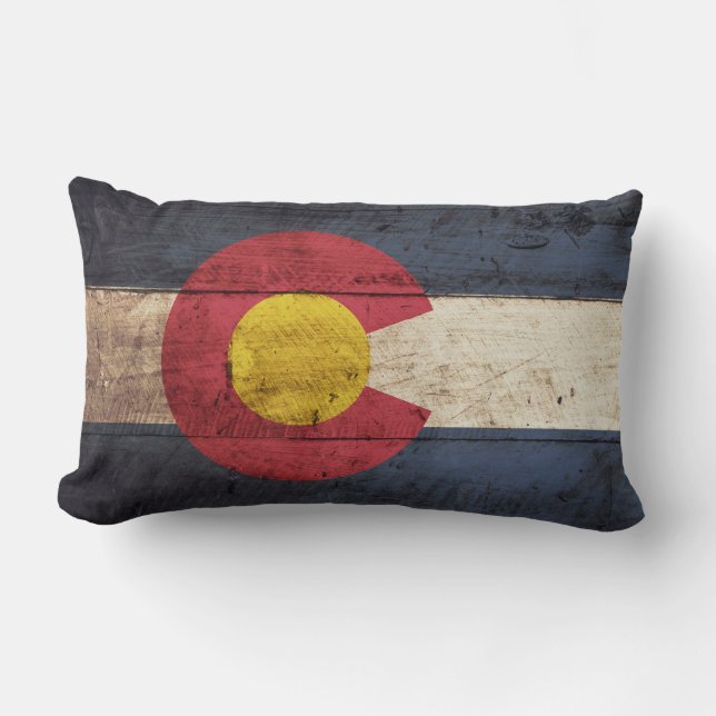 Colorado State Flag on Old Wood Grain Lumbar Pillow (Front)